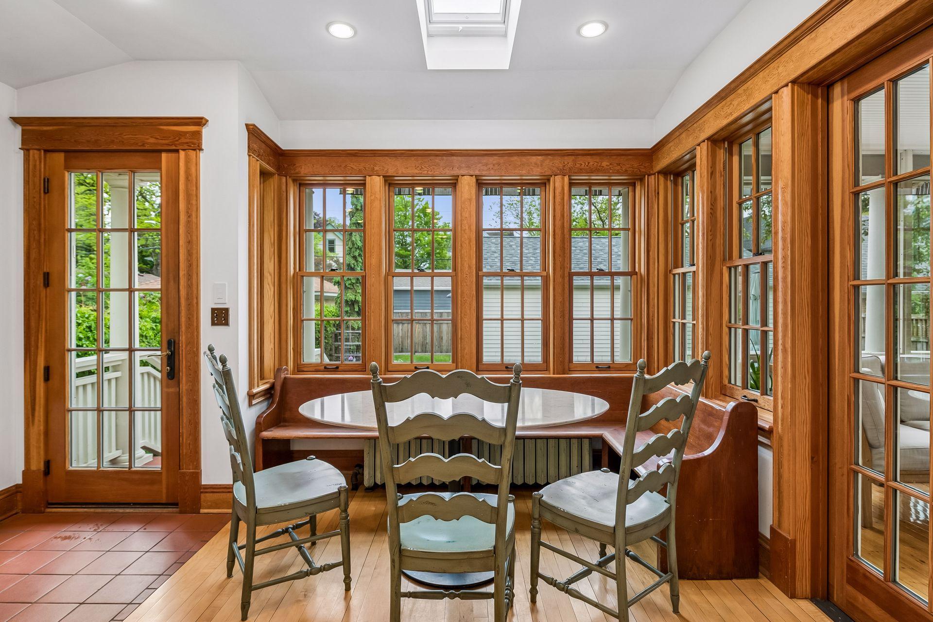 Built in L shaped bench stays with the home.