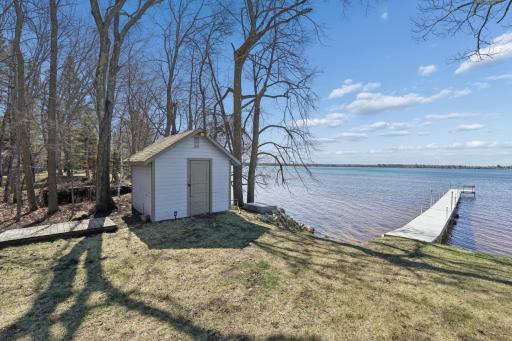 Lake side shed convienent for the life jackets, fishing gear and lake floaties!