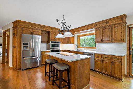 All newer Kitchen Aid stainless appliances, including an induction cooktop and double oven/convection-microwave. Water filtration system added along with crisp white quartz countertops and tile backsplash.