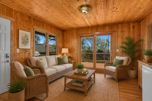 4 season porch off the kitchen that leads to a HUGE deck