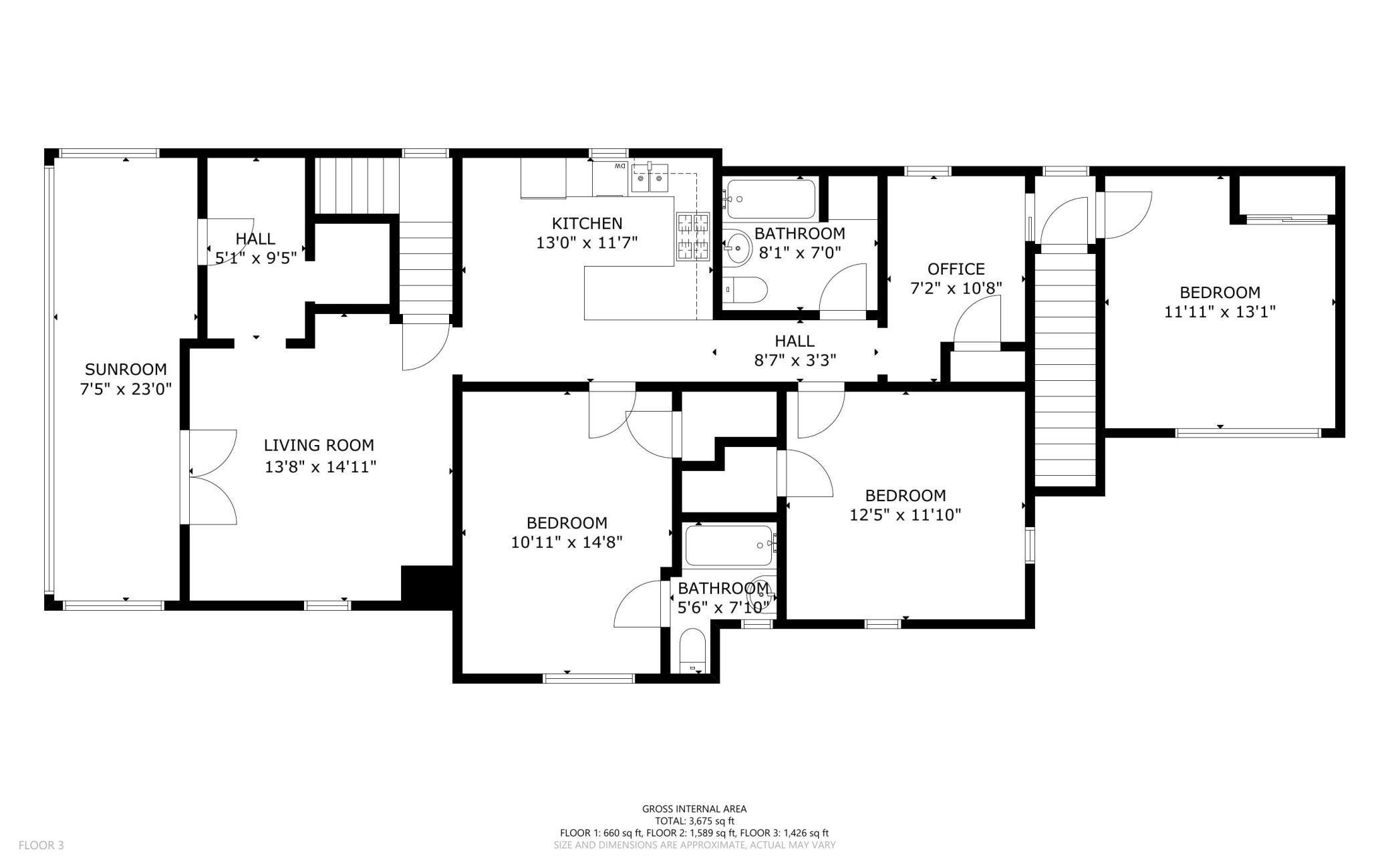 Upper level floorplan showing the 3 bedroom unit