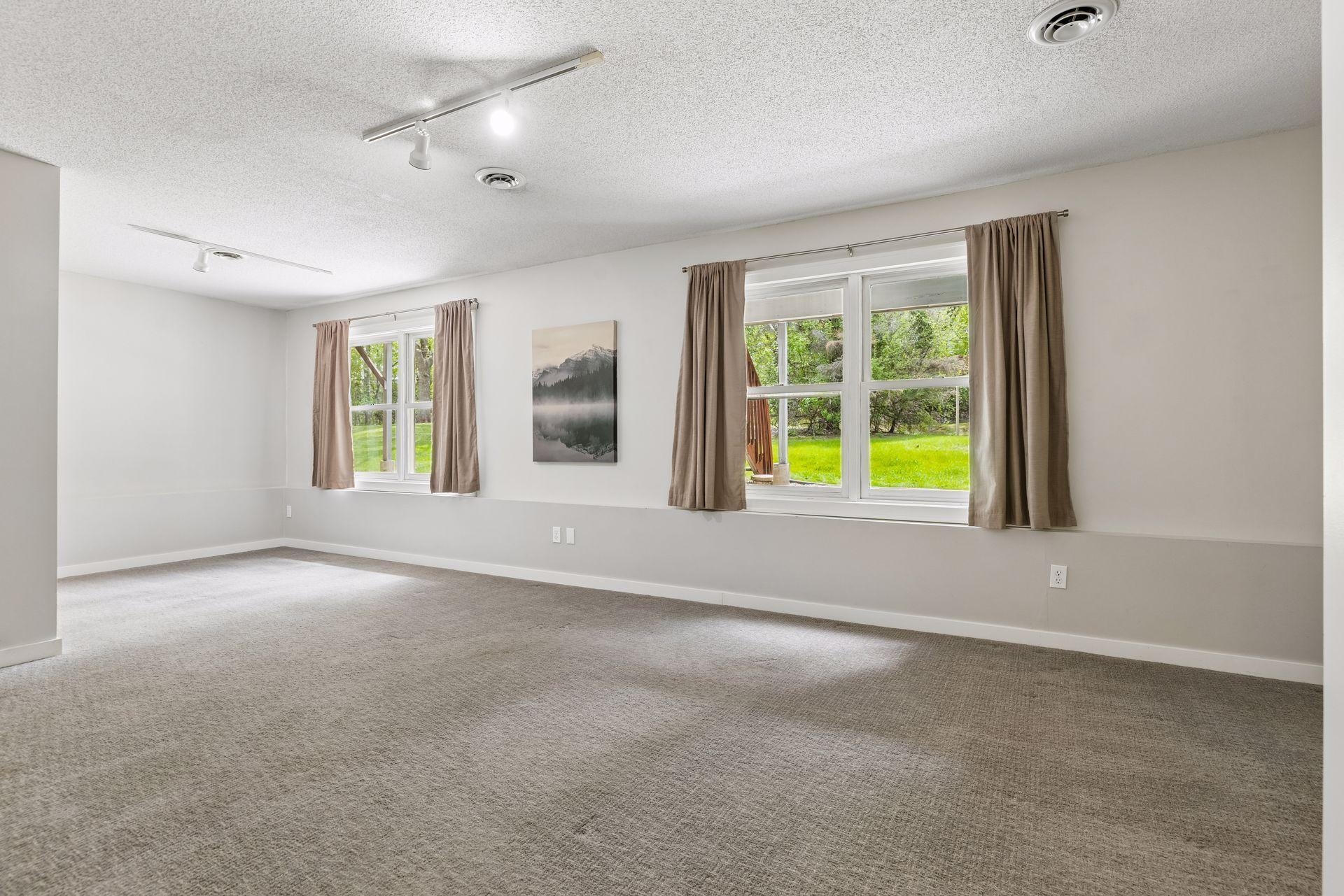 Very large lower level family room with full lookout windows to the lushes green backyard
