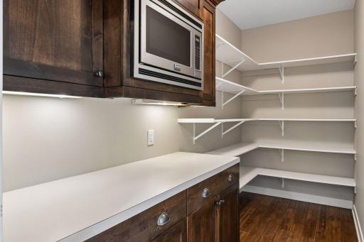 Generous walk-in pantry with additional cabinetry, countertop workspace, and conveniently-located microwave.