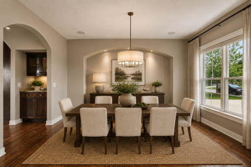 Spacious dining room framed by graceful arched architectural details and warm hardwood floors. (Virtually staged.)