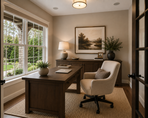 Private main level office with French doors, large windows, and abundant light. (Virtually staged).