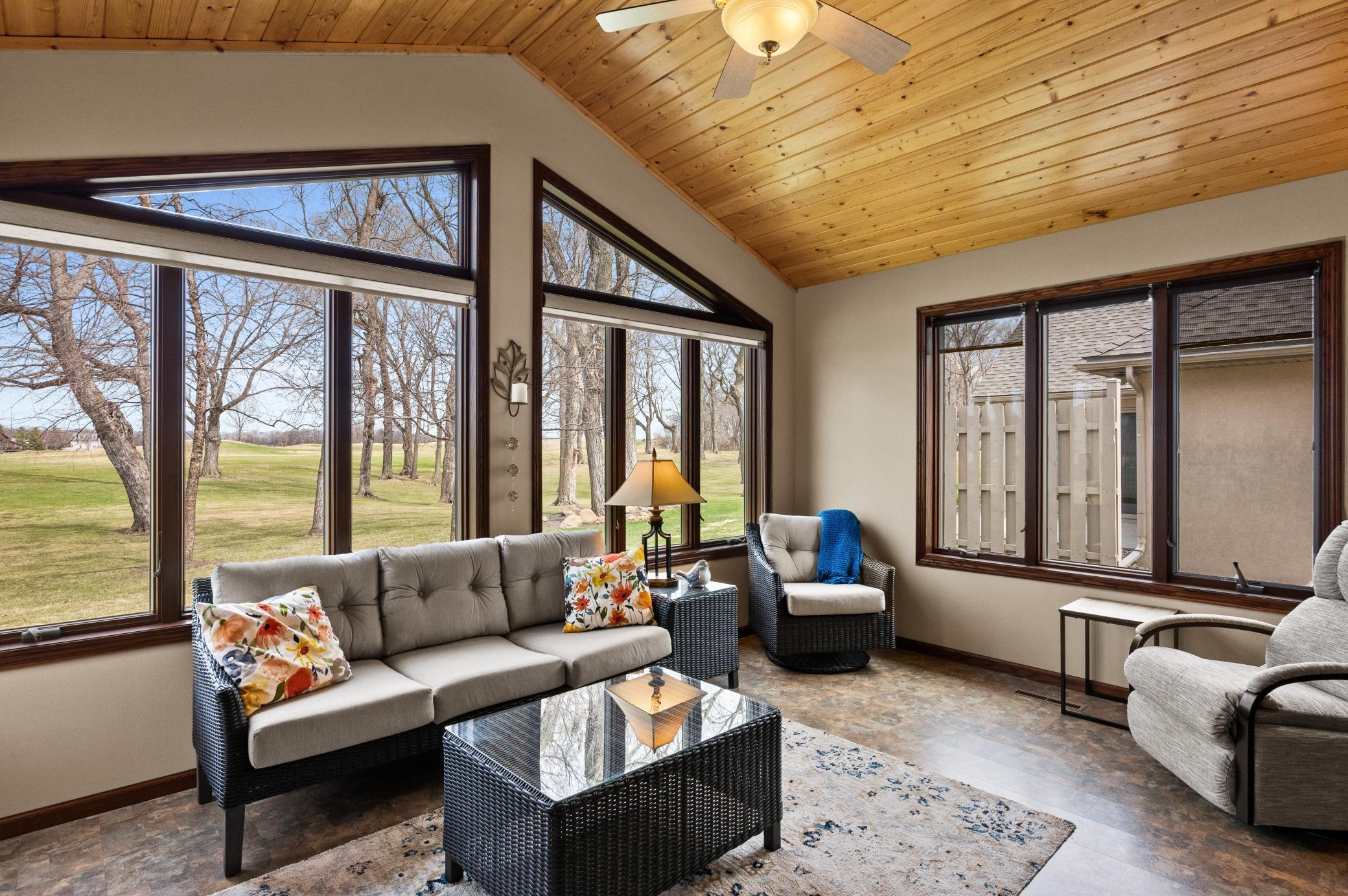 4-season Porch with vaulted knotty pine ceiling