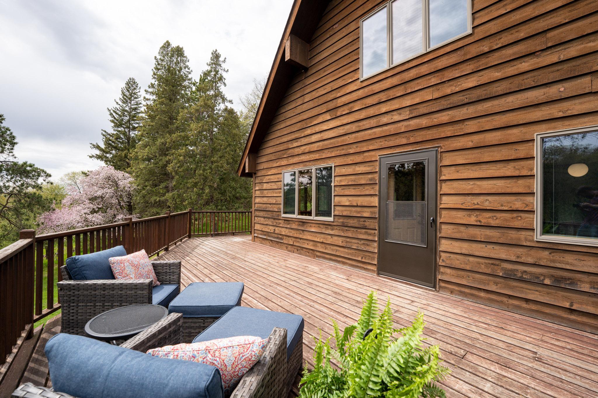 The deck, running the full wicth of the home, is right off the kitchen and dining room.