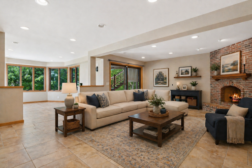 Expansive lower-level family room with fireplace, elevator access, and walkout design. This photo has been virtually staged.
