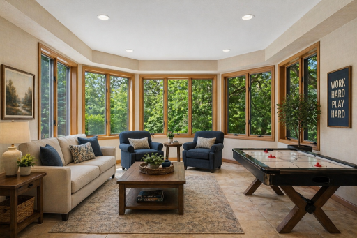 Bright lower-level recreation space with walls of windows, wooded views, and flexible entertaining or game room potential. This photo has been virtually staged.