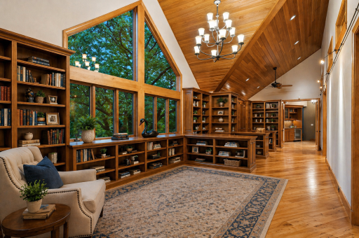 Stunning library with custom built-in shelving, vaulted ceilings, and extensive warm wood detailing. This photo has been virtually staged.