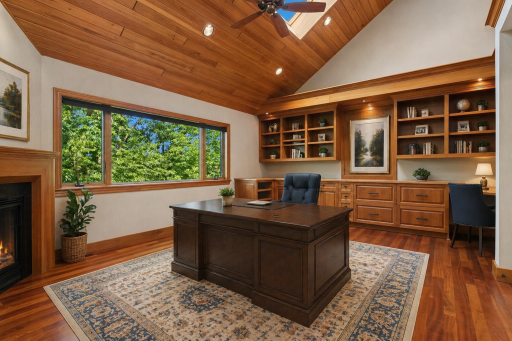 Executive home office with custom built-ins, vaulted wood ceilings, fireplace, and large windows overlooking the wooded landscape.This photo has been virtually staged.