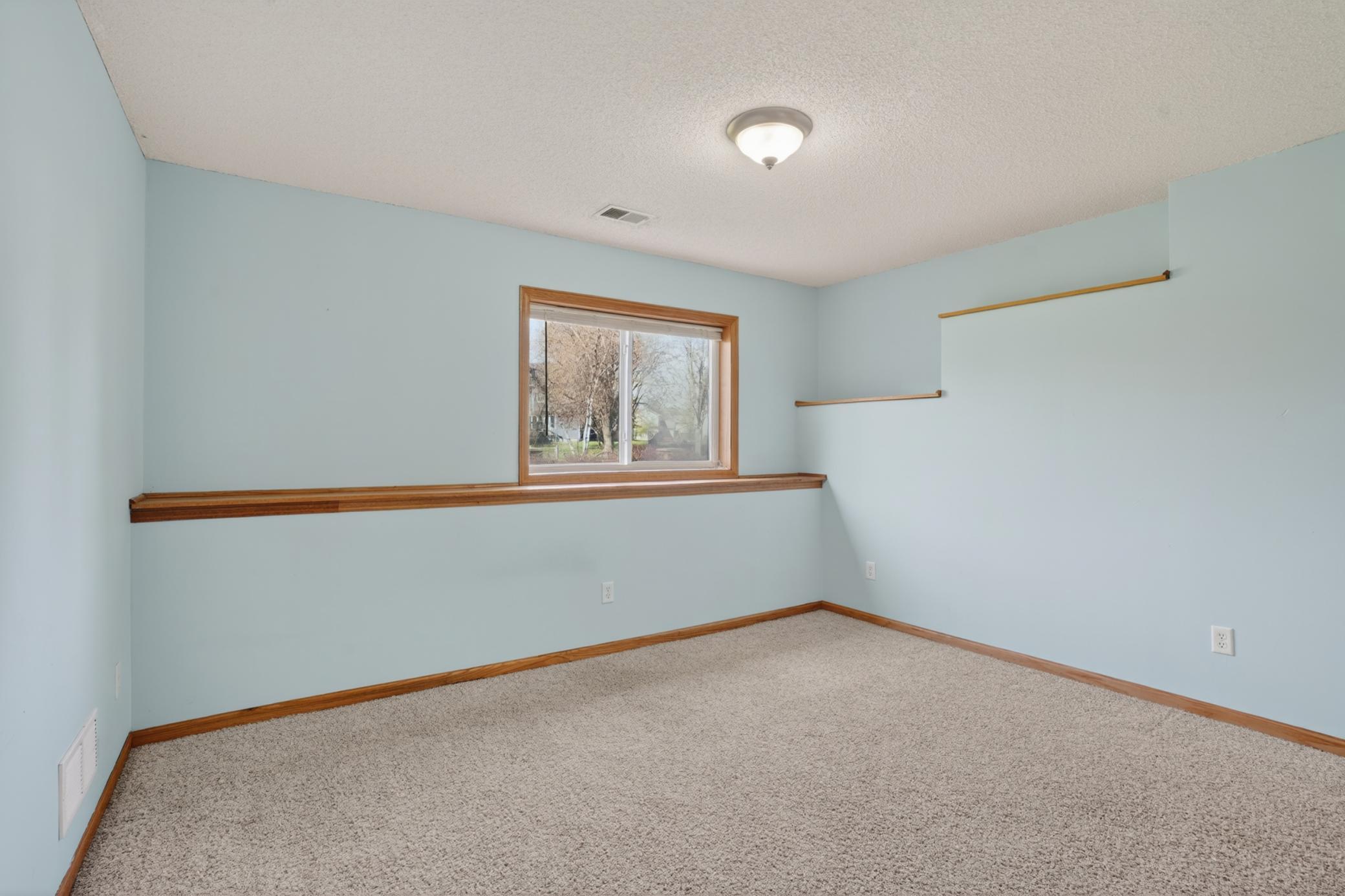 Finished lower-level flex room ideal for bedroom, hobby room, workout space, or office