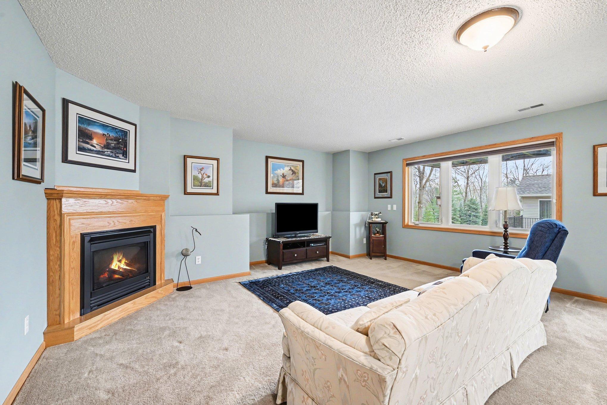 Lower level entertainment area with a second fireplace., and triple pane window.