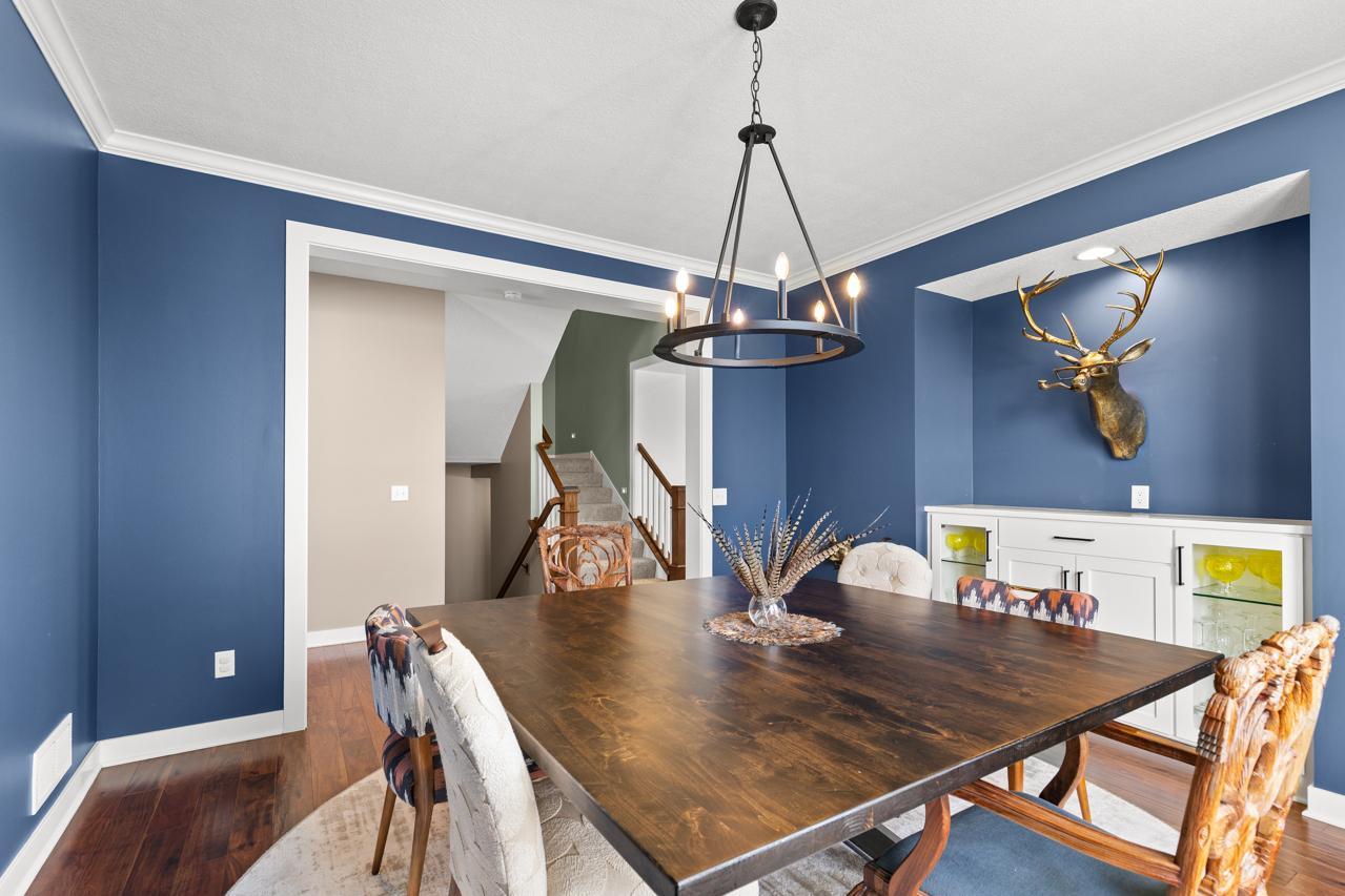 The formal dining room has a built-in buffet with ample storage.