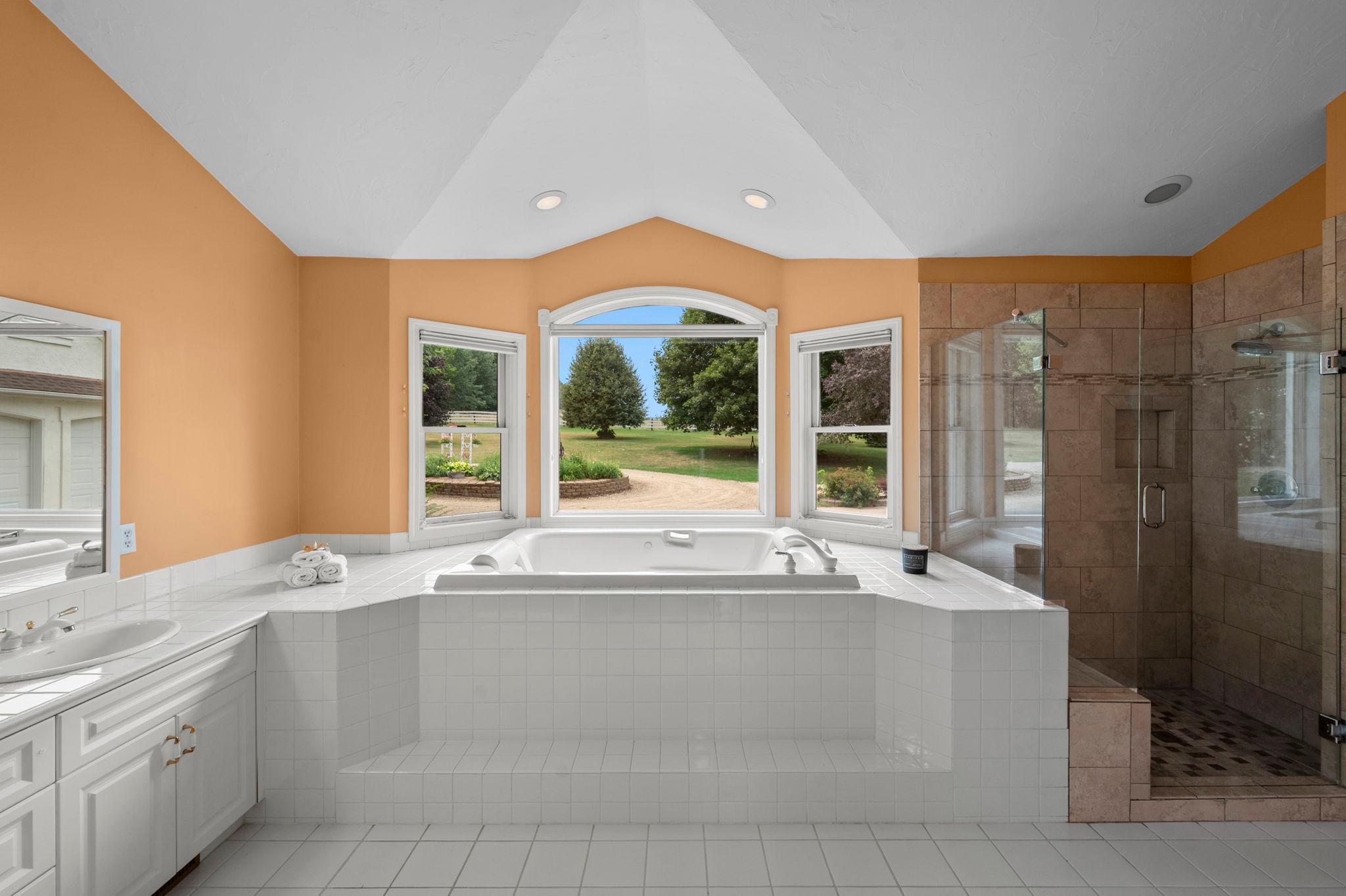 Soak after a hard day on the farm in your Jetted Soaking Tub & relax overlooking your private retreat!
