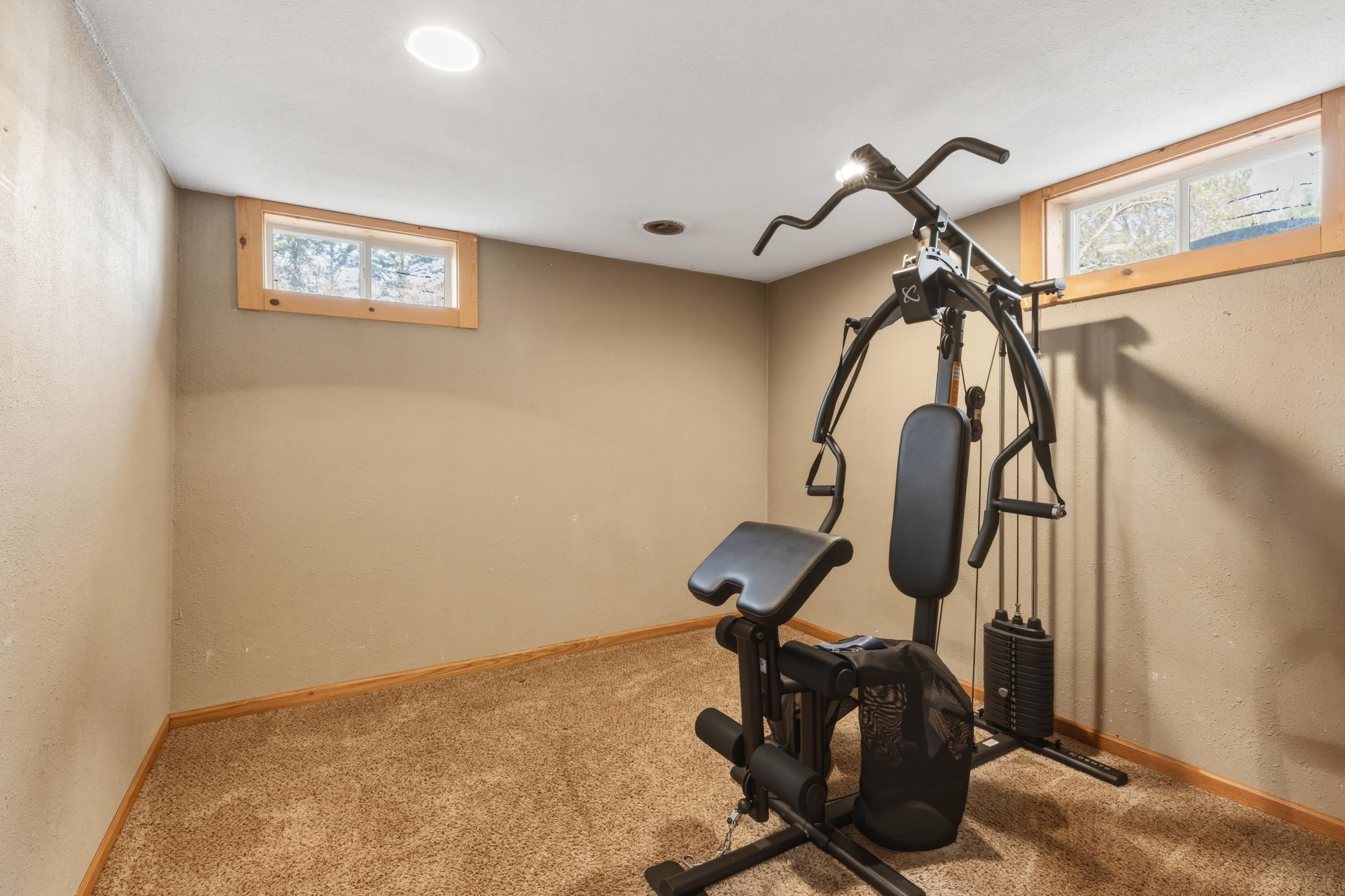 The flex room on the lower level could be used as a gym, office, or 4th bedroom with the addition of an egress window.