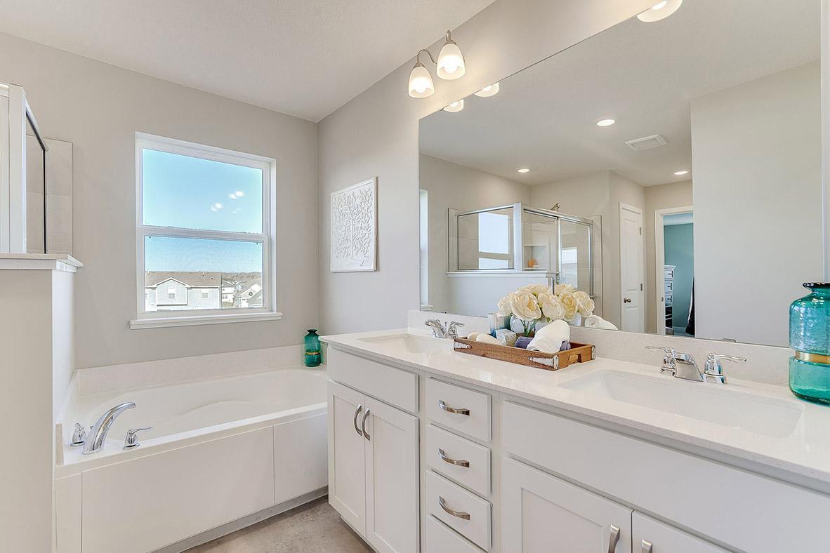 Primary bath. Inclusive of separate tub and shower. Dual bowl vanity, private water closet and linen closet for storage. All photos are used of a former model, ask for details!
