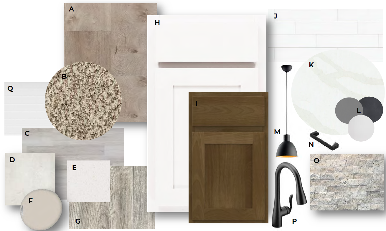 Designer inspired color palate selected for this home. White outer perimeter kitchen cabinets paired with on trend, stained island, bath vanities and laundry cabinets. Ask for details!