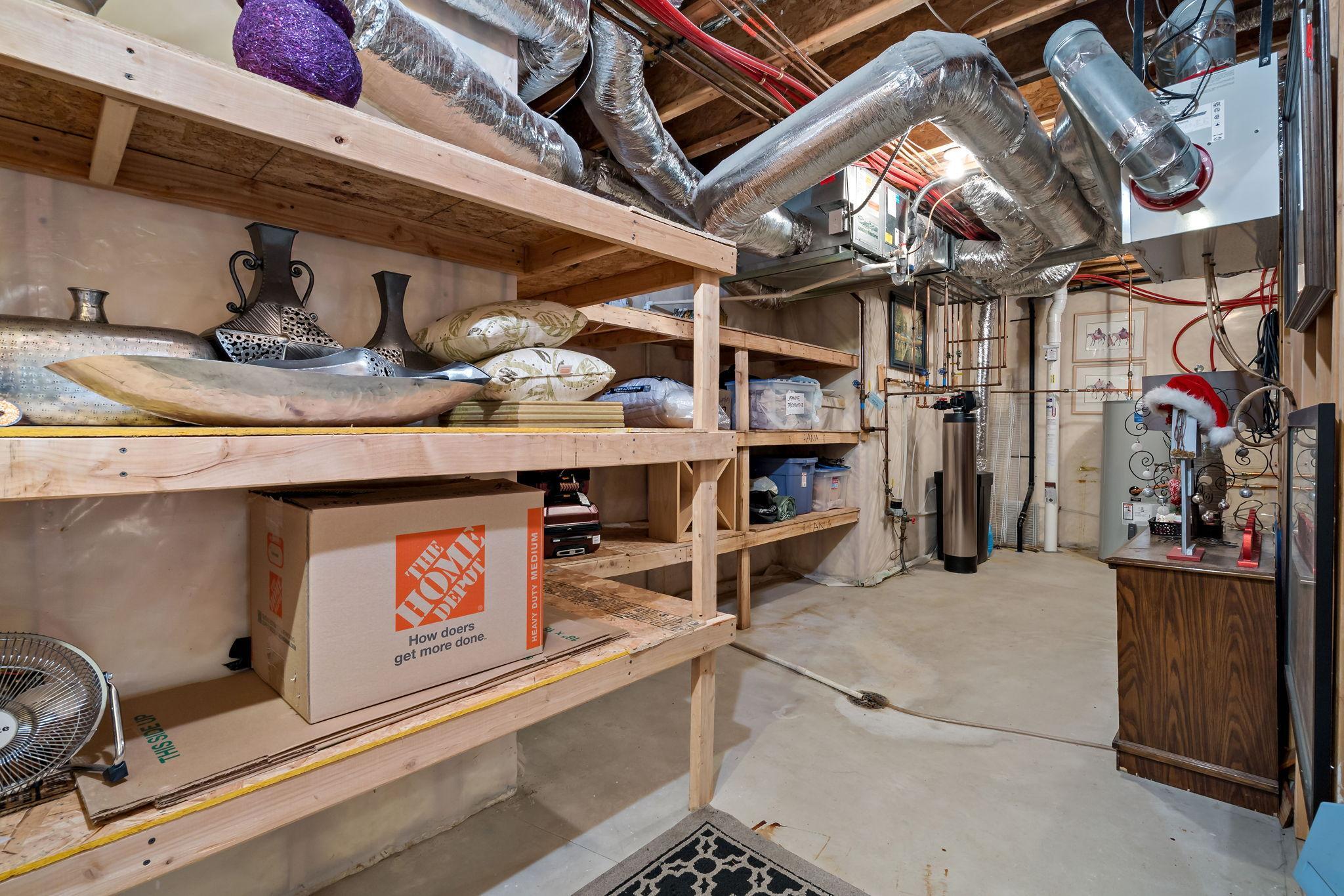 Storage area with lots of built-in shelving.