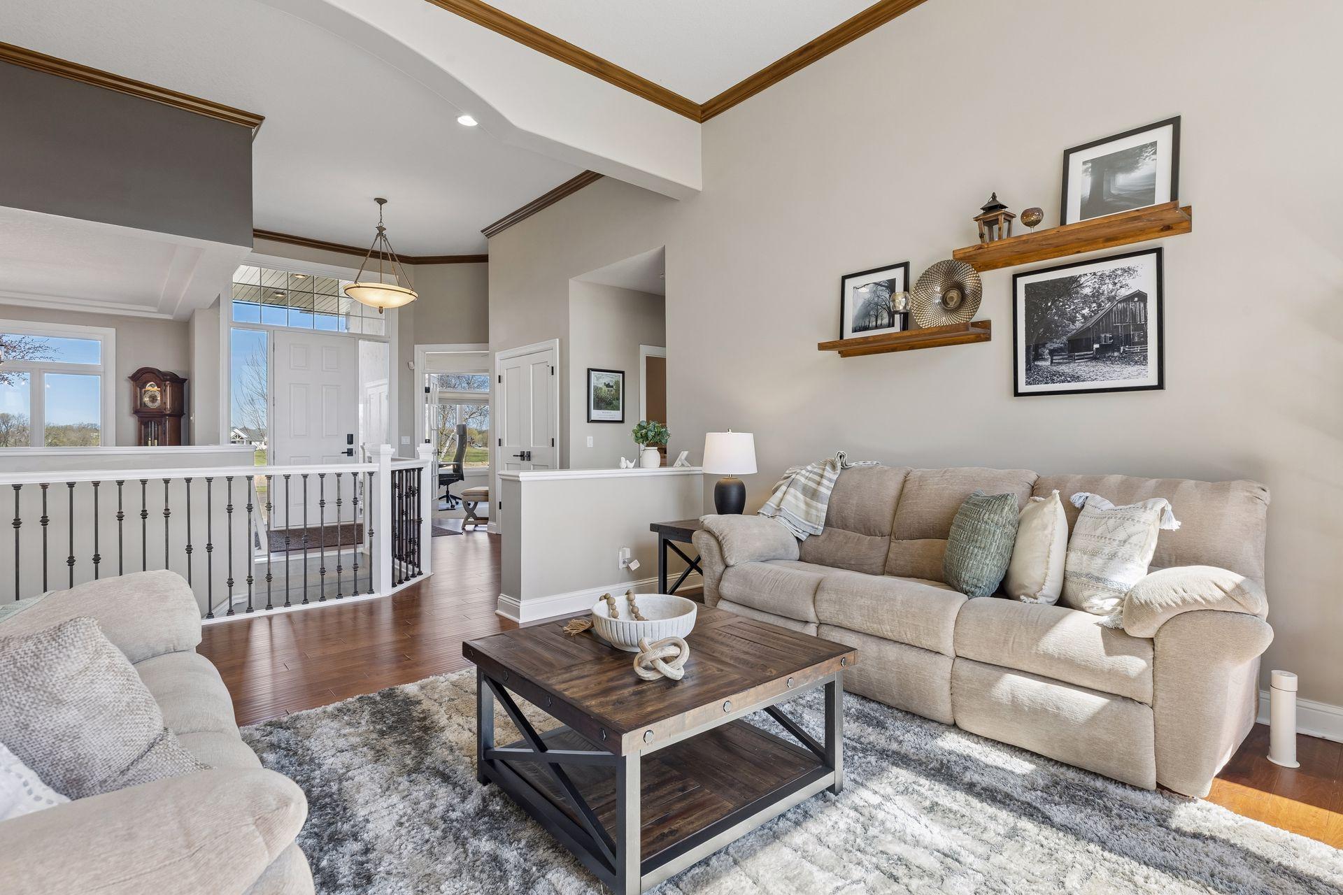 Living room with 12 foot ceilings.