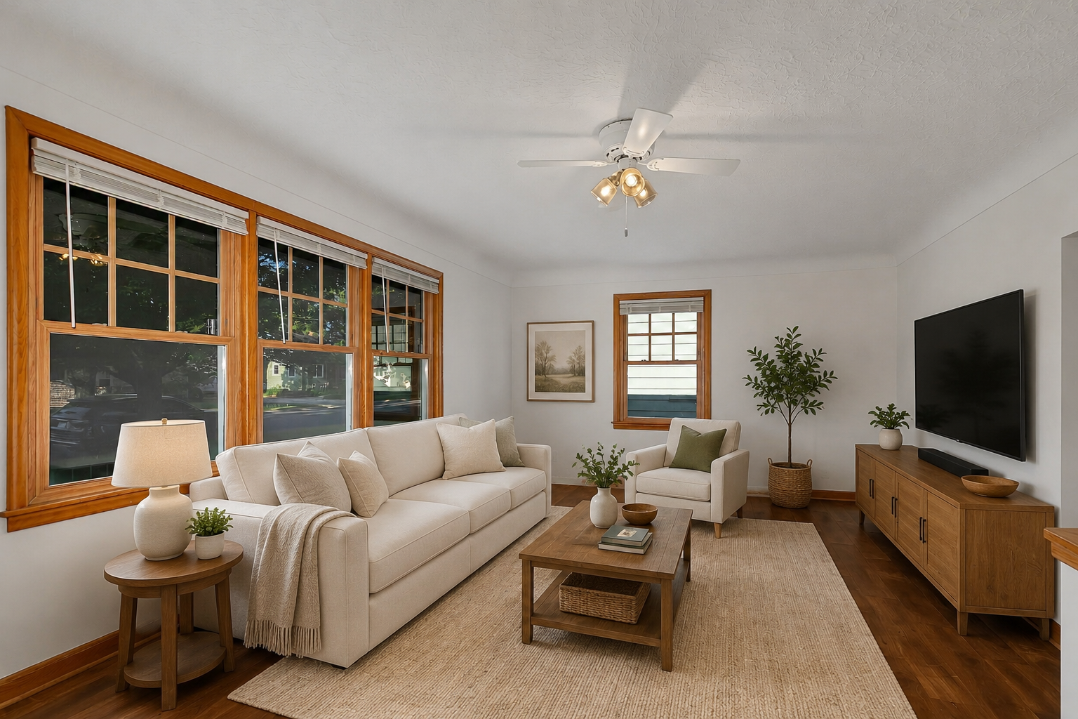 Bright Living Room with beautiful natural light, large windows and rich woodwork virtually staged
