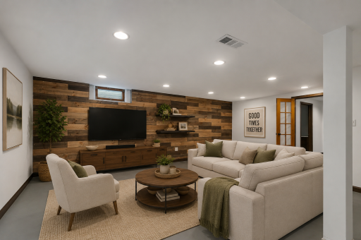 Spacious family room with stunning wood accent wall virtually stagedl