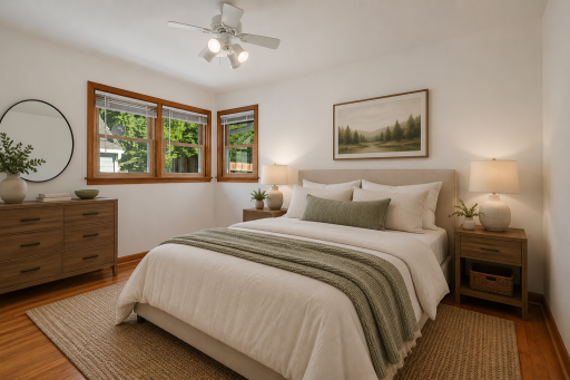 Peaceful retreat with hardwood floors, bedroom 1 of 3 on the main floor virtually staged