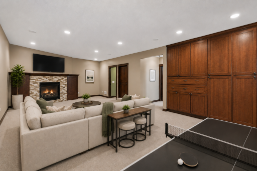 An expansive lower-level family room offers endless possibilities for entertaining, movie nights, or game day gatherings, highlighted by plush carpeting, recessed lighting, and a beautiful stone-surround gas fireplace. (digitally staged)