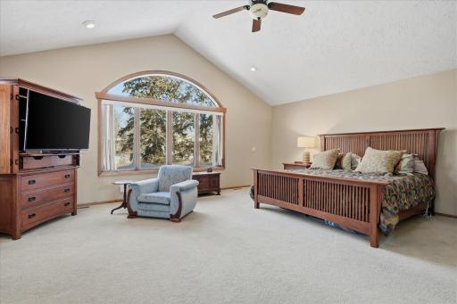 Upper level expansive custom Primary Bedroom features: high vaulted ceiling, huge windows for great views, cozy fireplace, recessed lights and walk-in closet