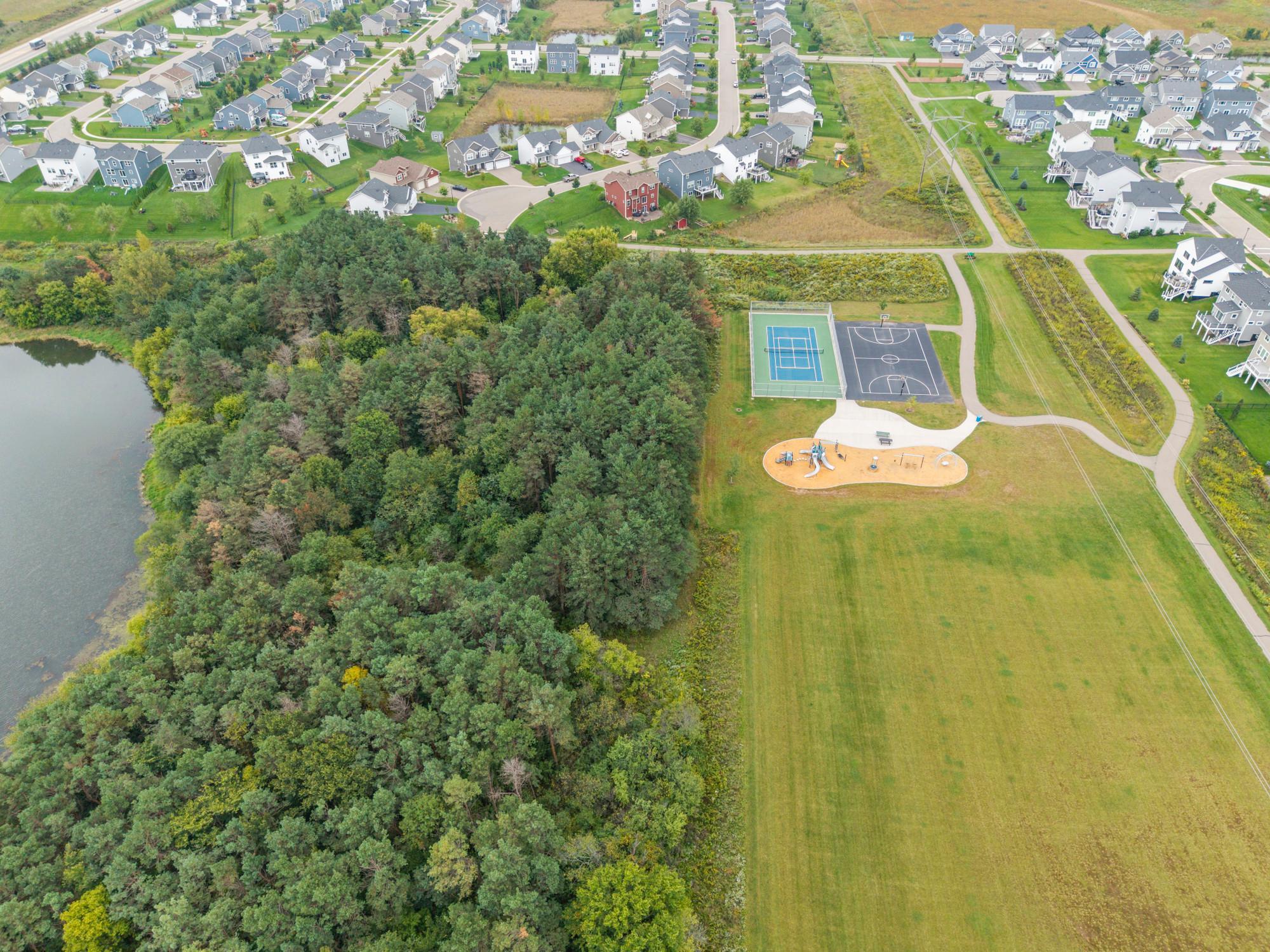 Take a path from the neighborhood to the nearby park.