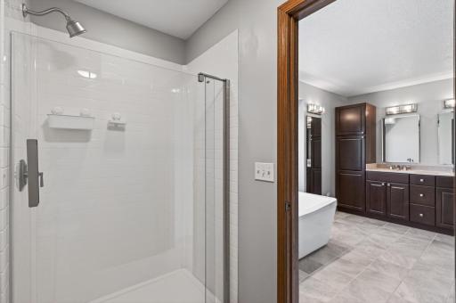 Another room within the primary bathroom suite hosts the walk-in shower and toilet.