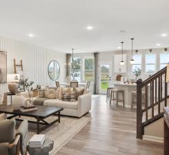 The Duncan offers a wide-open main level floorplan that allows you flexibility and comfort in any layout you choose for your new home. Photo of model home.