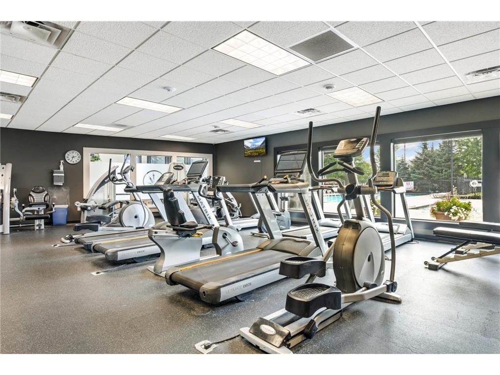 Fitness center overlooking pool. Equipment is being upgraded April 28th, 2026.