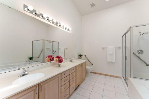 Primary bath with double sinks, soaking tub and separate shower