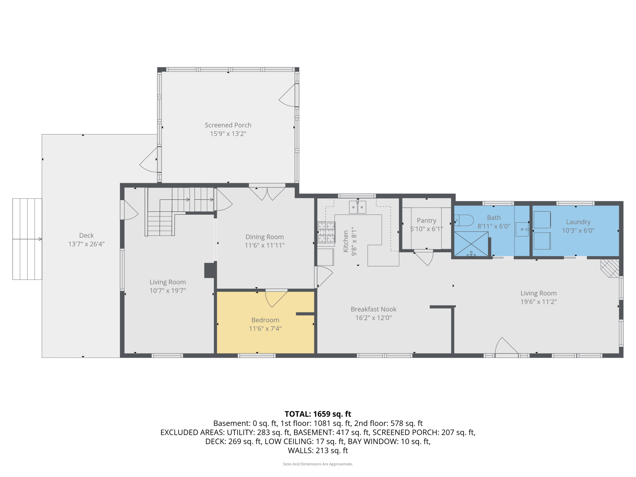 Main level features; 2 family rooms, kitchen, casual and formal dining rooms, 1 bathroom, 1 bedroom, a laundry room and a covered front porch and 3 season screened porch