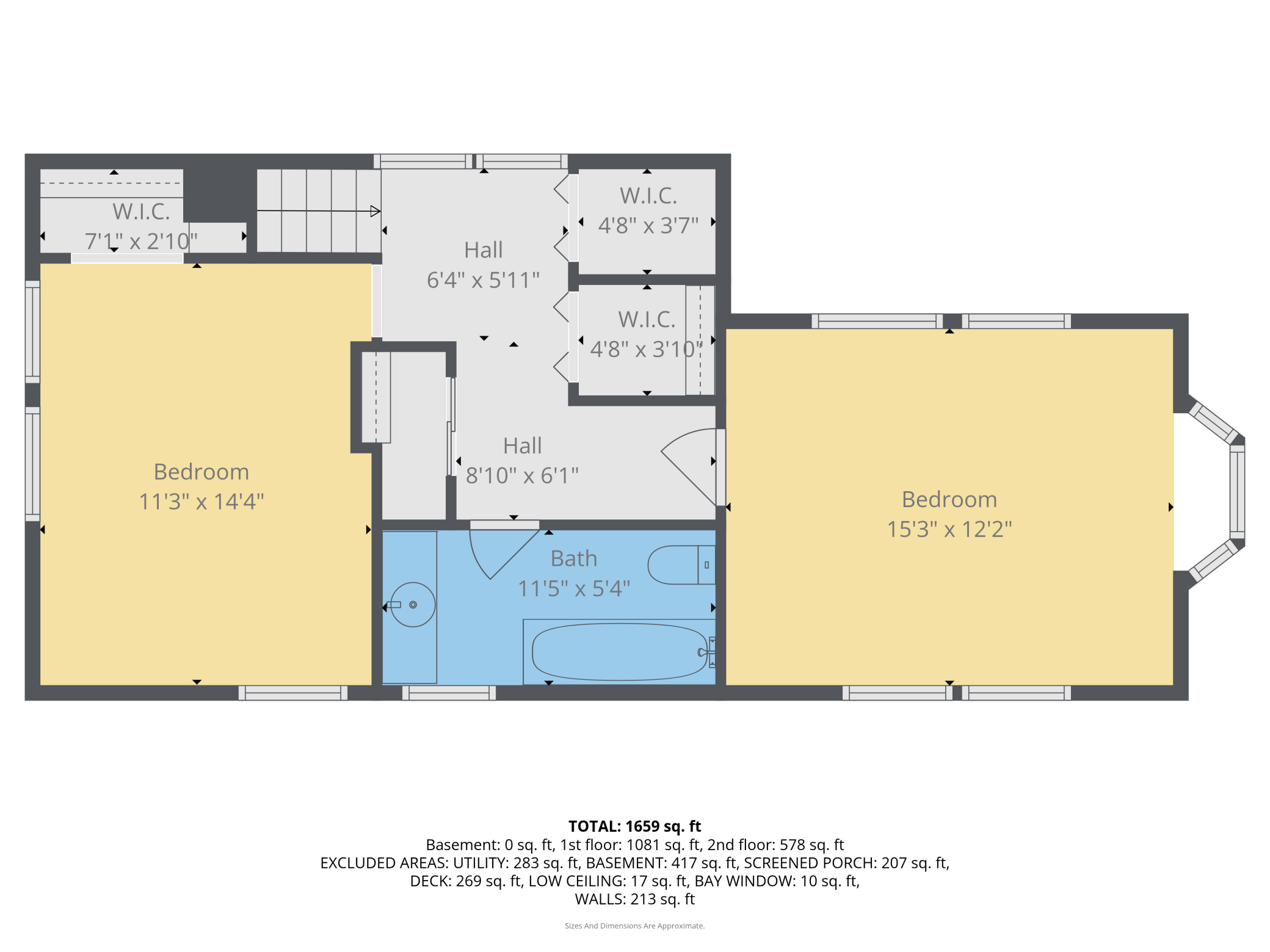 Upper level floor pln highlights include a large bathroom complete with a clawfoot bath tub and 2 bedrooms (the primary bedroom has windows on three walls optimizing your nature views and fills the spaces with natural sunlight.,