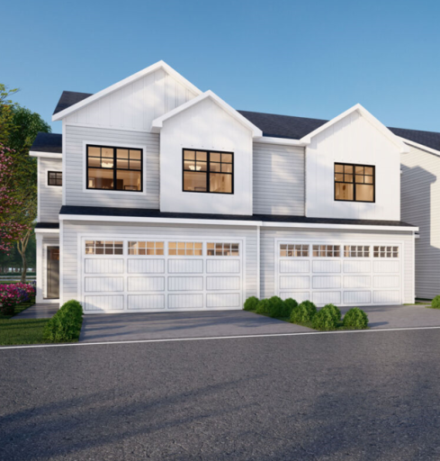 Exterior features white siding with black windows