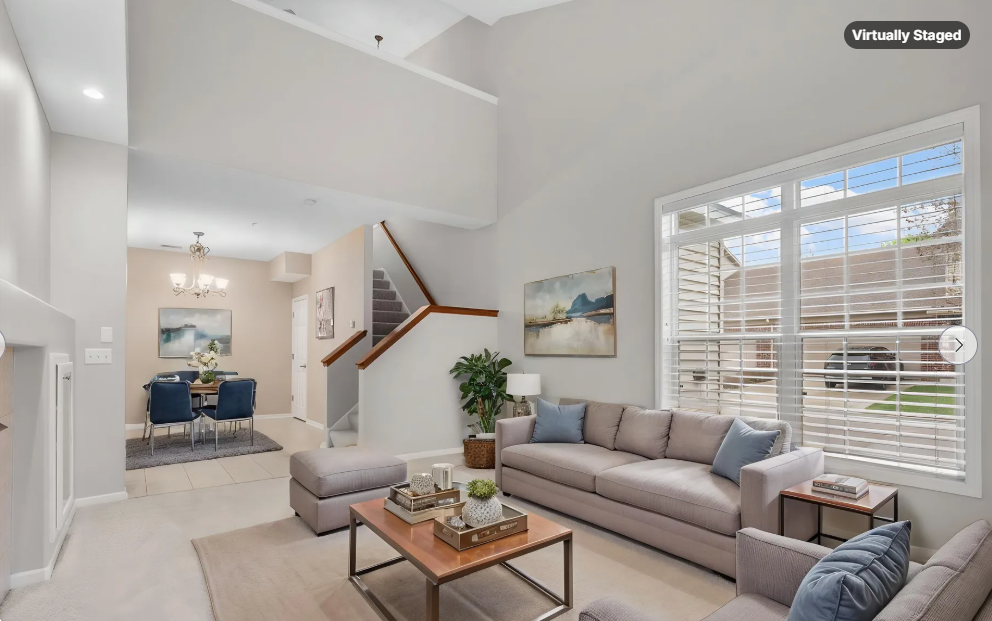 Virtually staged living room and dining area