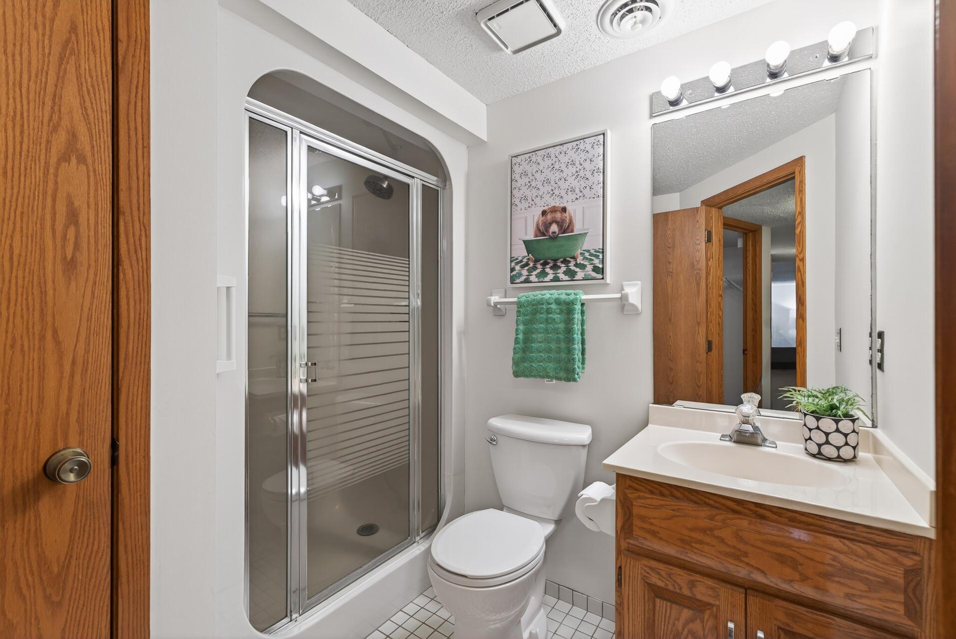 Lower level 3:4 bathroom hosts a convenient linen closet