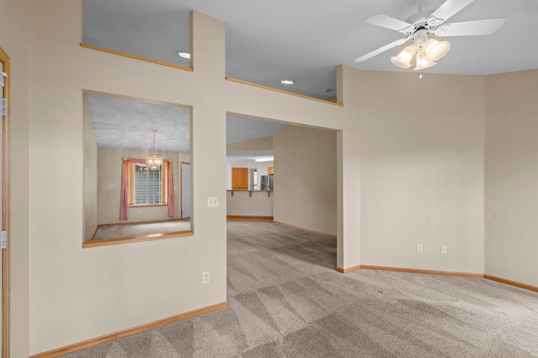 Looking from the sun room into the living and dining rooms.