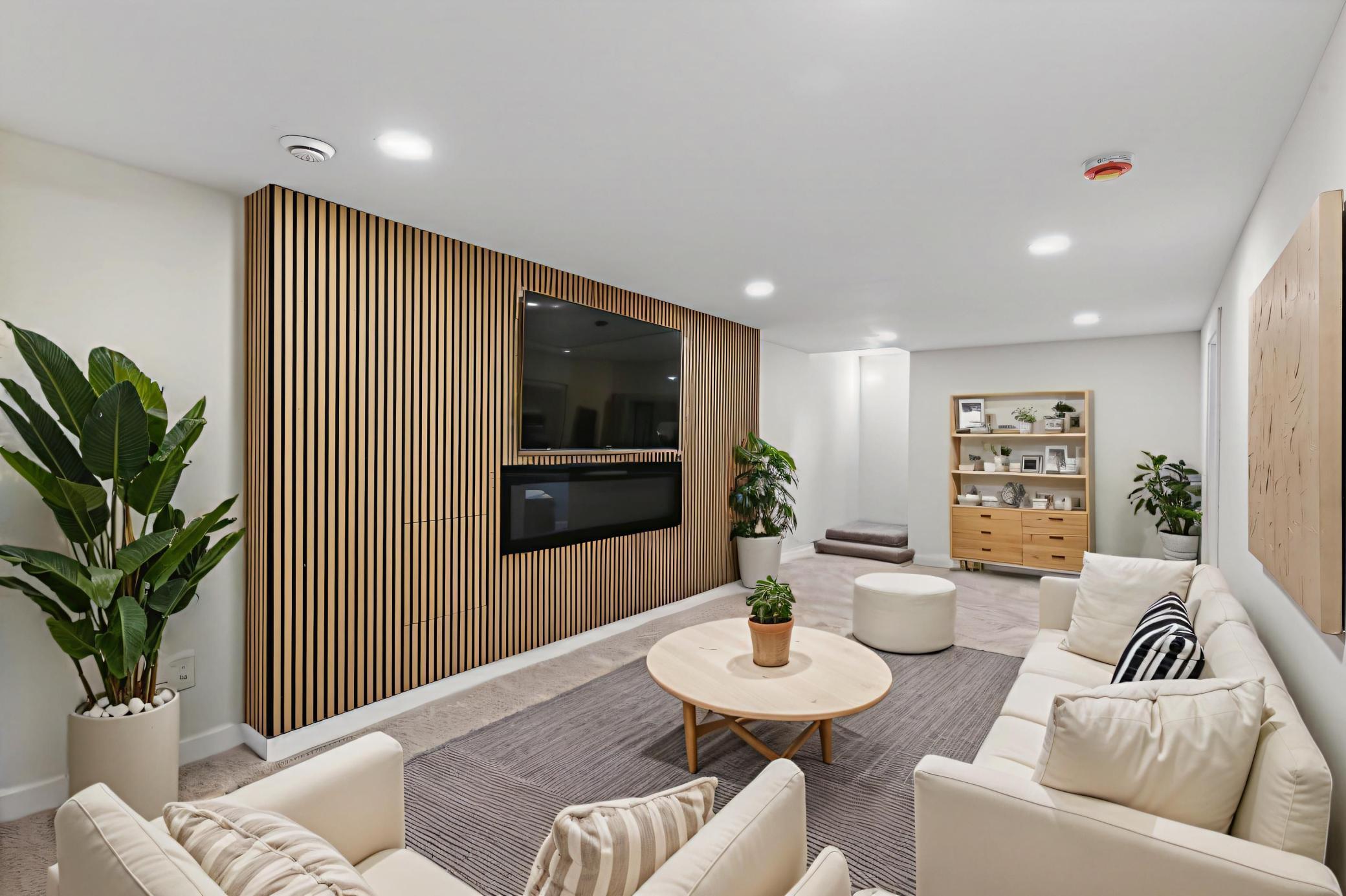 lower level family room with another electric fireplace