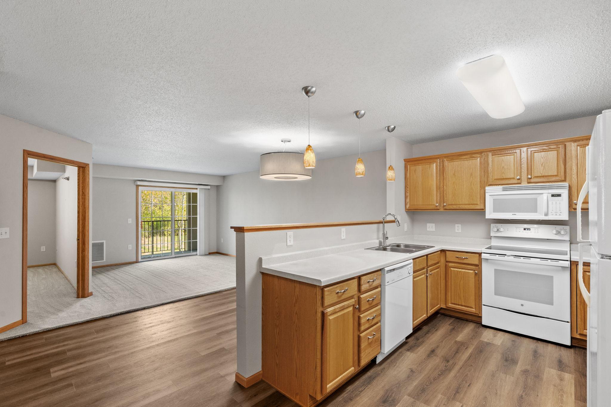 Kitchen/Entryway looking into Dining/Living Room