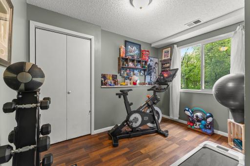 Lower level bedroom with walk-in closet. Currently used as a workout space.
