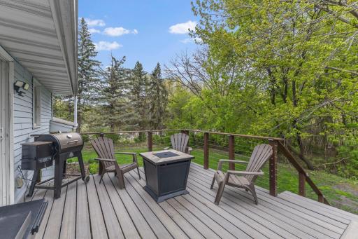 New no-maintenance deck overlooking the tree-lined yard. Extra wide stairs + lower seating area.