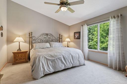More than enough room for this KING SIZED bed, plush carpet underfoot, soaring ceilings and more beautiful nature views...you will love this luxurious bedroom suite.