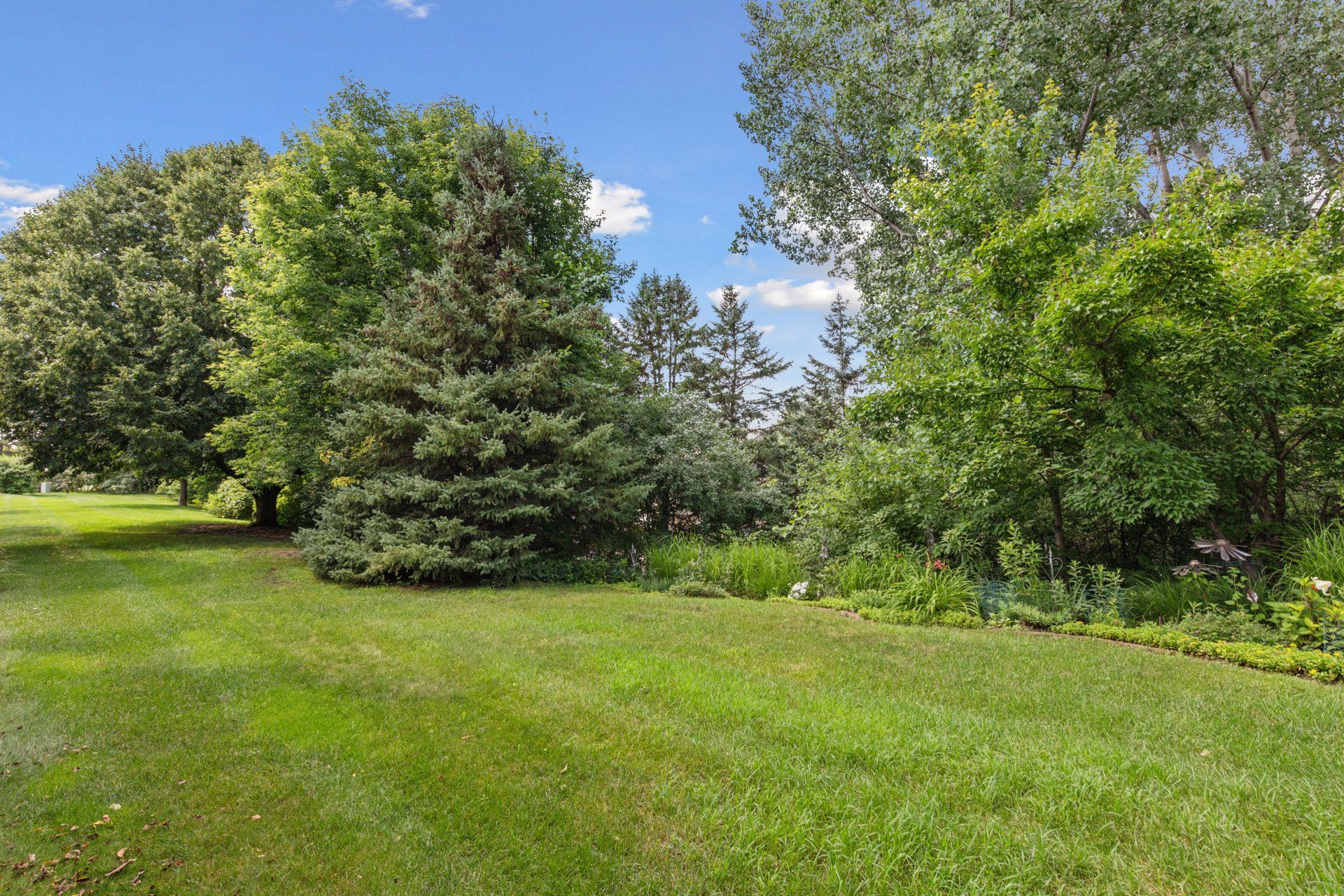 Here is the back yard view from the porch. Flower gardens border the mature trees - a welcome and unusual find, especially for a townhome.