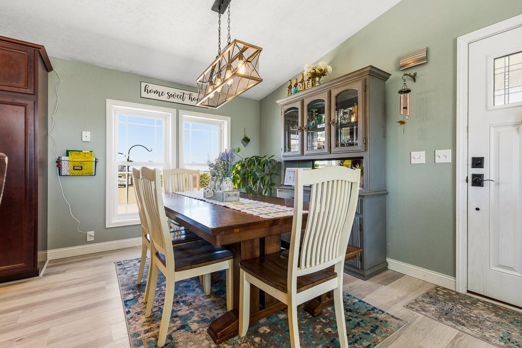 The hanging light fixture designates the dining space