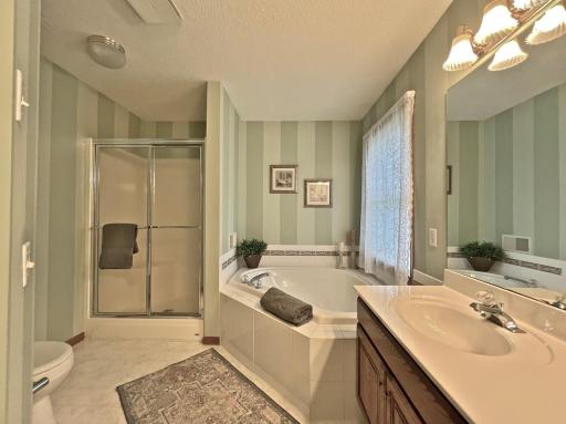 Primary bathroom featuring a dual-sink vanity, soaking tub, glass-enclosed shower, walk-in closet & abundant cabinetry