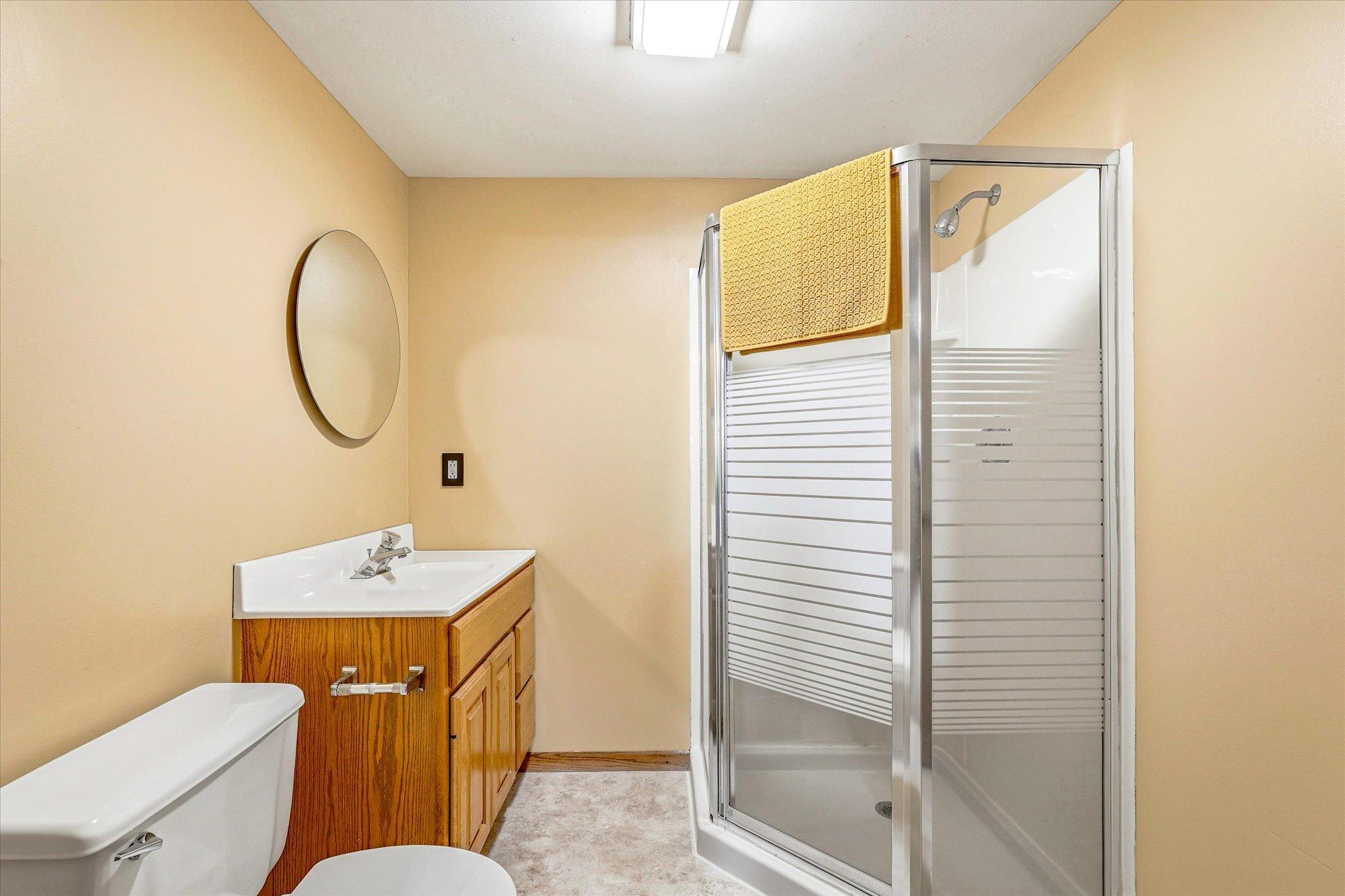 Convenient lower-level 3/4 bathroom with walk-in shower and updated vanity.