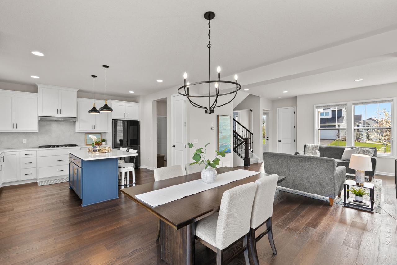 Open layout connecting to dining and living areas